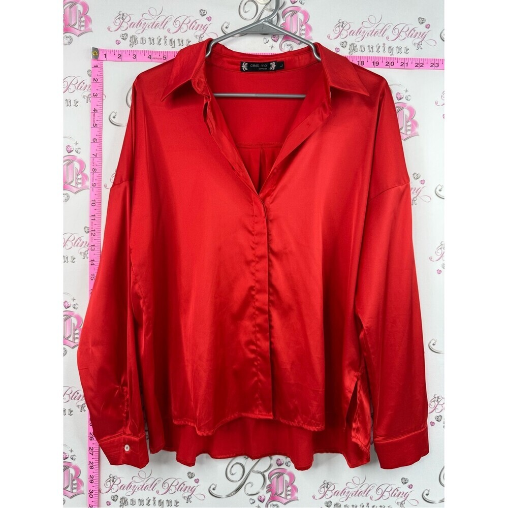 C’est moi button up long sleeve shiny bright top Red Satin Button-Up Shirt
